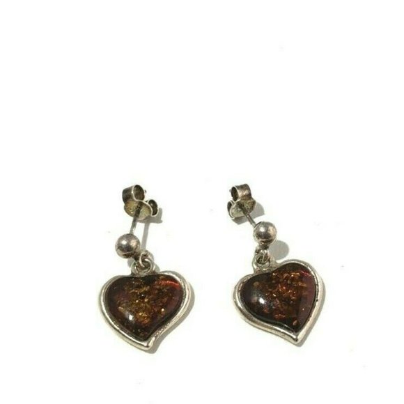 JK Designs Sterling Silver Baltic Amber Heart Dangle Earrings - Picture 2 of 7